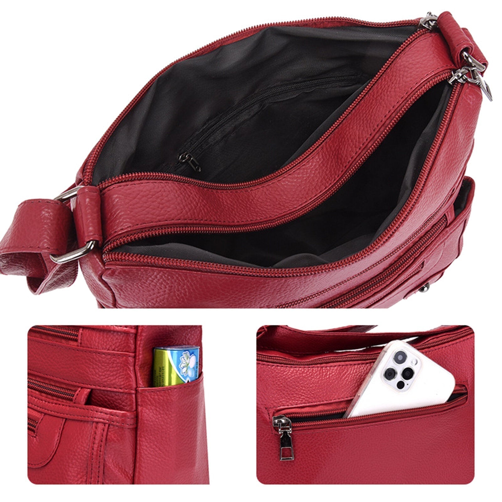 Women Artificial Leather Vintage Soft Lychee Pattern Crossbody Bag Large Capacity Multi-pocketed Shoulder Messenger Bag