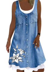 Women's Sleeveless Print Button Round Neck Casual Denim Color Dress