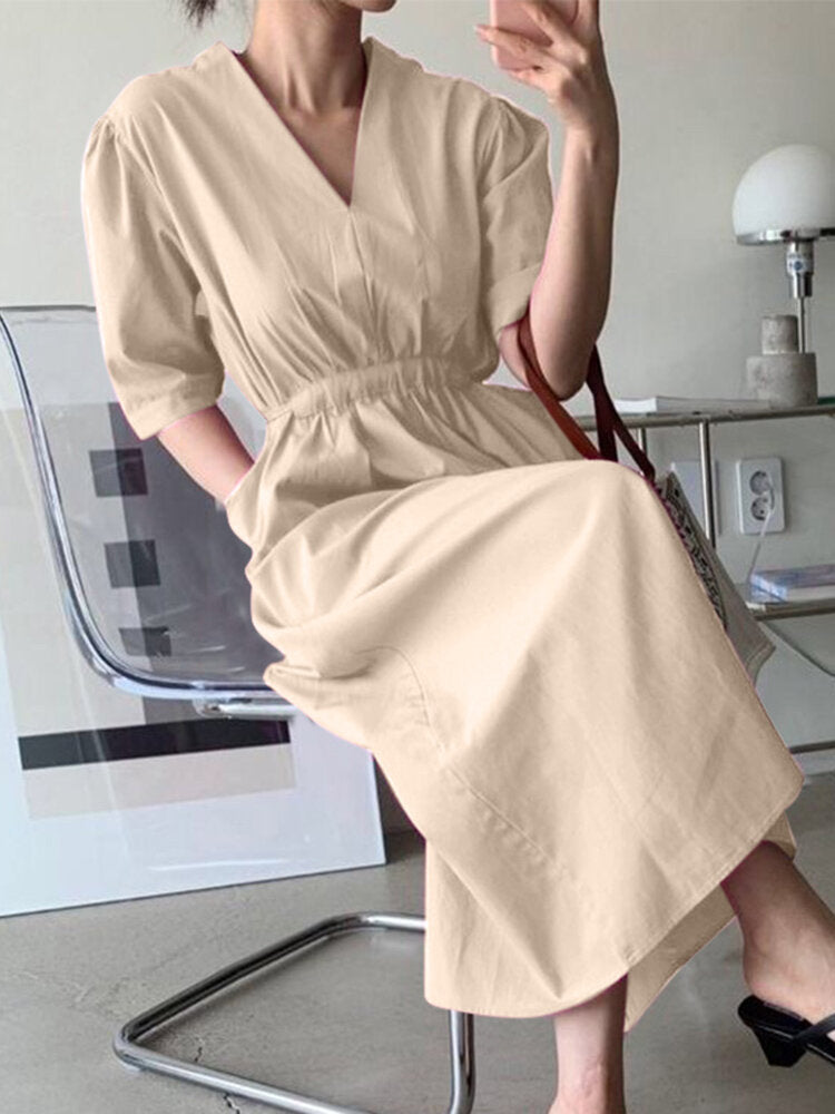 Solid Ruched Pocket Knotted V Neck Midi Casual Dress