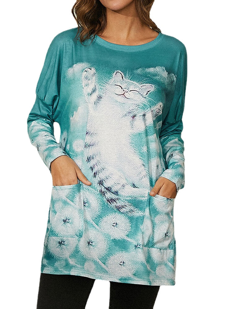 Women Cartoon Cat Print O-Neck Long Sleeve Casual Double Pockets T-Shirt