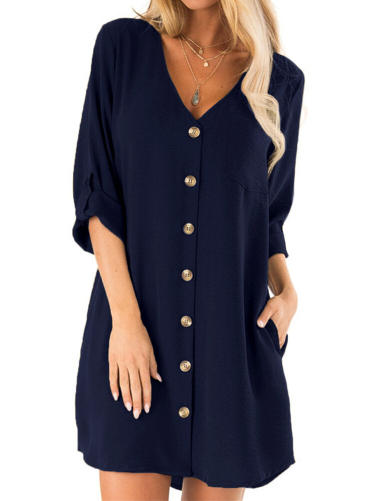 Women Button Down Casual V Neck Loose Mini Dress with Pockets