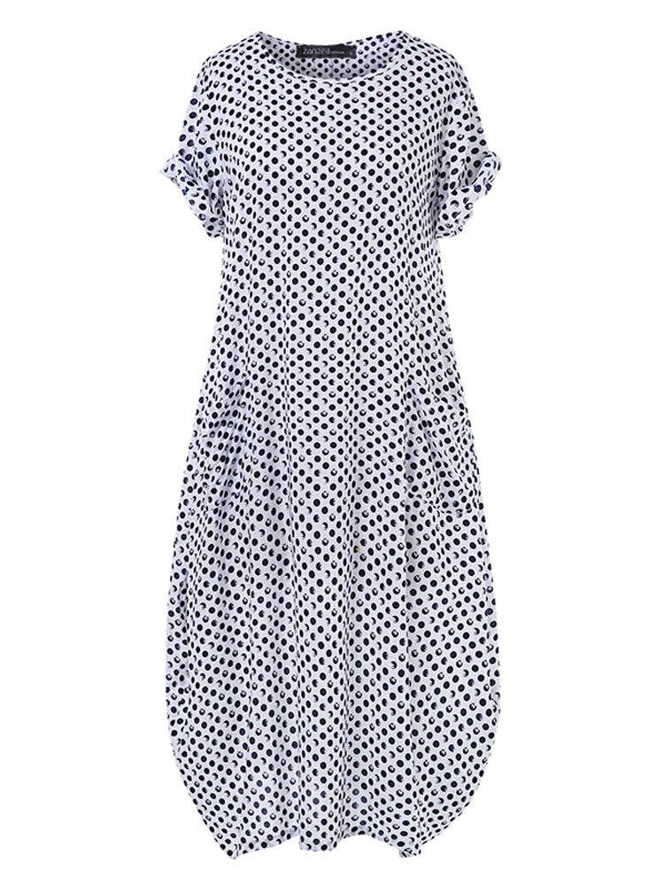 Women Polka Dot Print O-neck Short Sleeve Maxi Dress