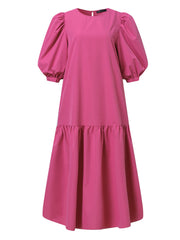 Women Puff Sleeve Calf Length Solid Color Buttons Casual Midi Dresses