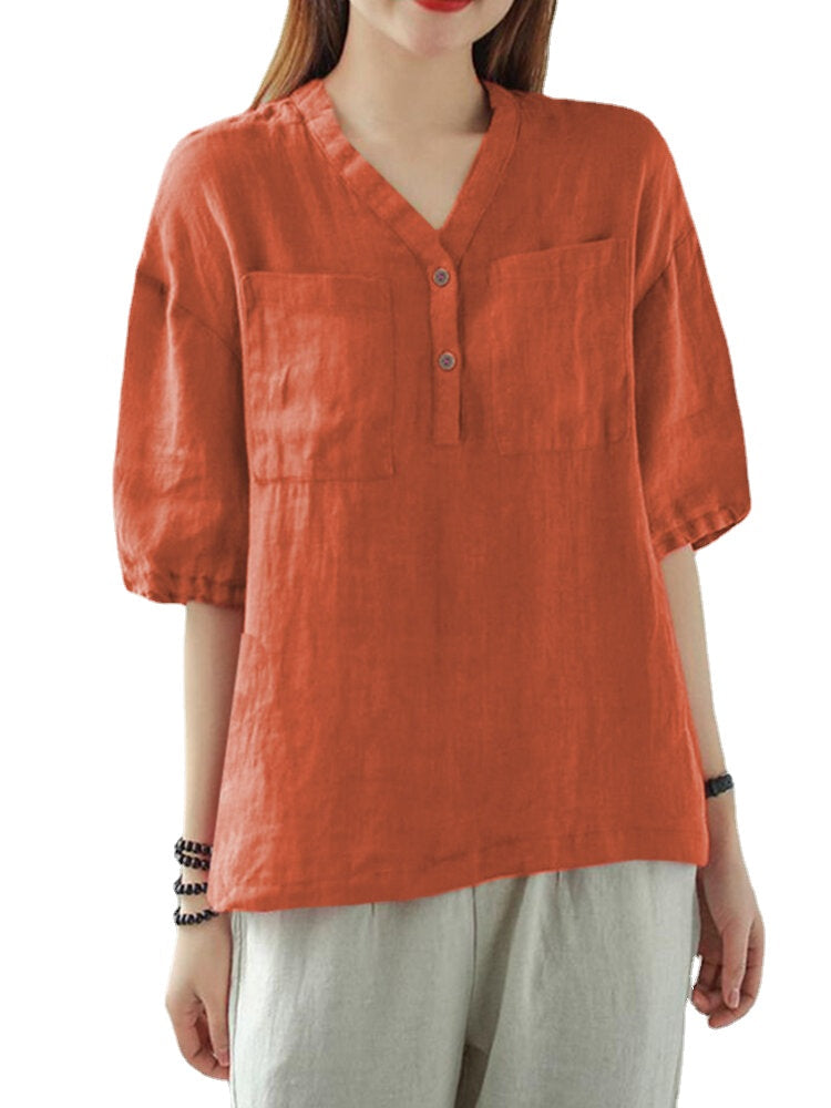 Solid Button Pocket V Neck Half Sleeve Casual Cotton Blouse