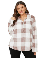 Plus Size Lapel Collar Plaid Zip Front Sweatshirt