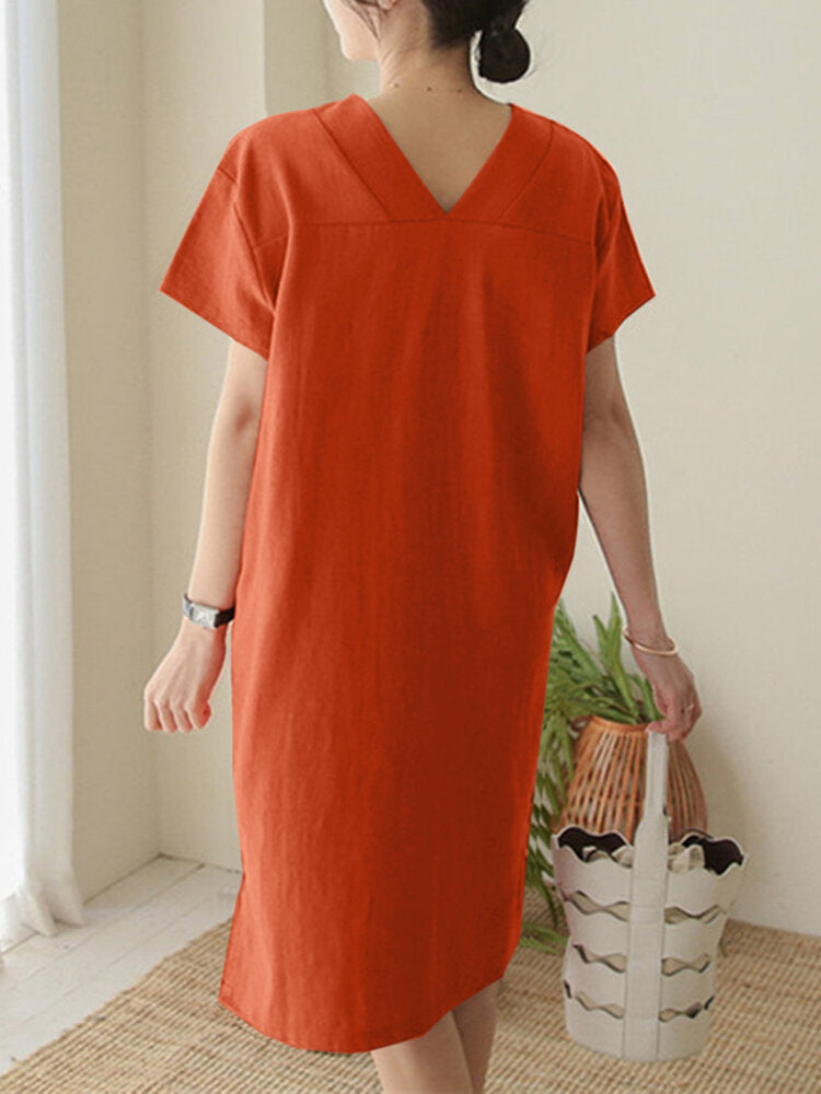Cotton Solid Short Sleeve V Neck Casual Midi Dress