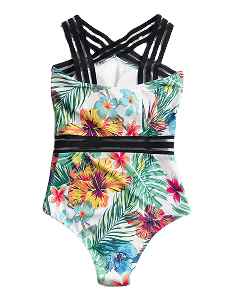 Tropical Plants Print Striped Mesh Slimming One Piece Women Hawaii Swimsuit