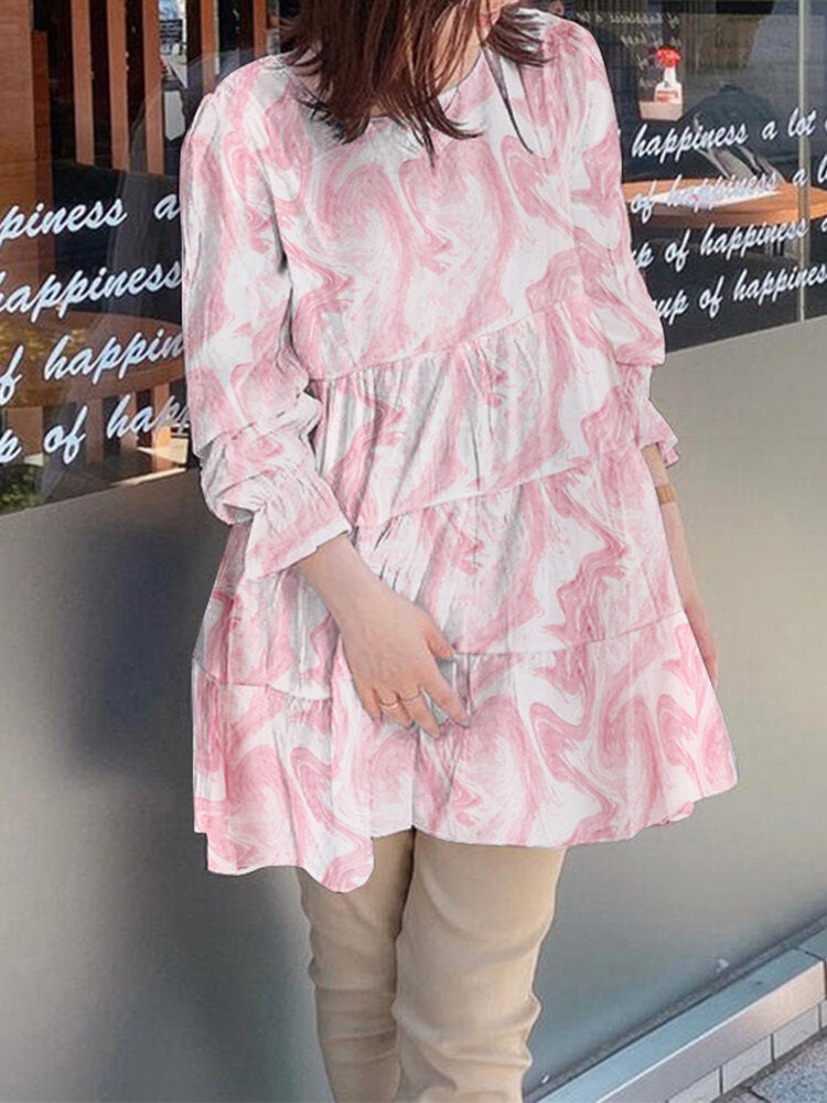 Wave Print Round Neck Ruffle Long Sleeve Blouse