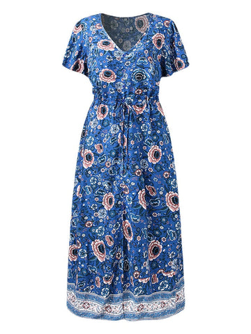 Flower Button Drawstring V-neck Short Sleeve Print Dress For Women