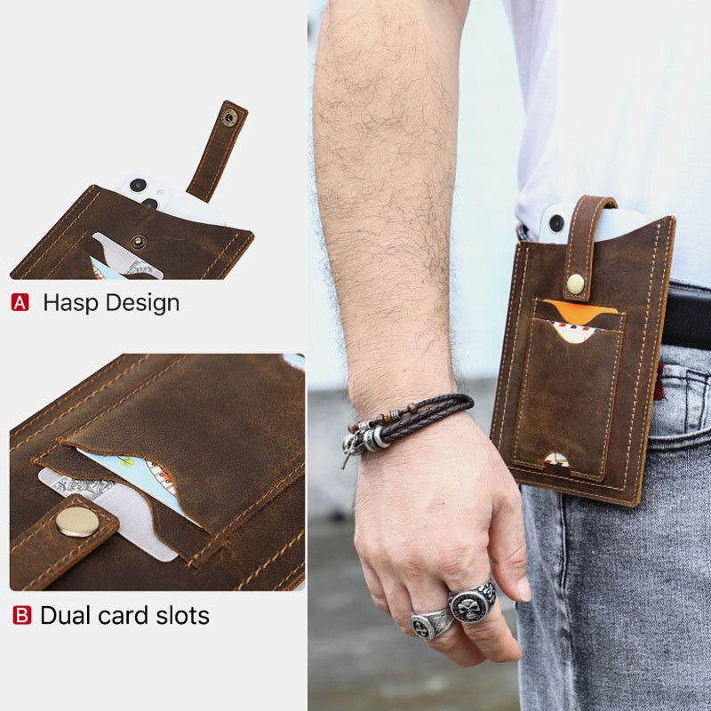 Men Genuine Leather Hasp Design Dual Card Slots Waist Bag Vintage Portable 6.3 Inch Phone Belt