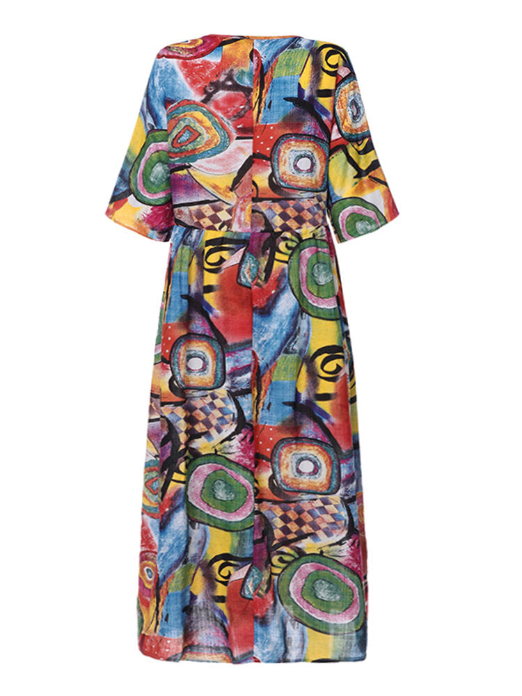 Women Retro Graffiti Print Round Neck Pleated Casual Maxi Dresses