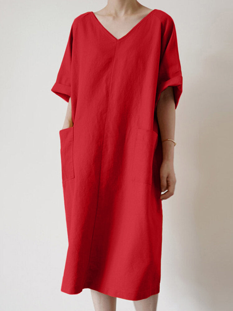 Solid Color V-neck Half Sleeve Plain Casual Pocket Dress