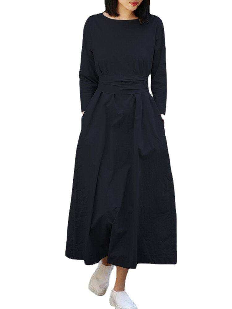 Women Solid Color O-Neck Lace-Up Long Sleeve Maxi Dress With Side Pocket