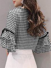 Plaid Knotted Patchwork Ruffle Sleeve Round Neck Blouse