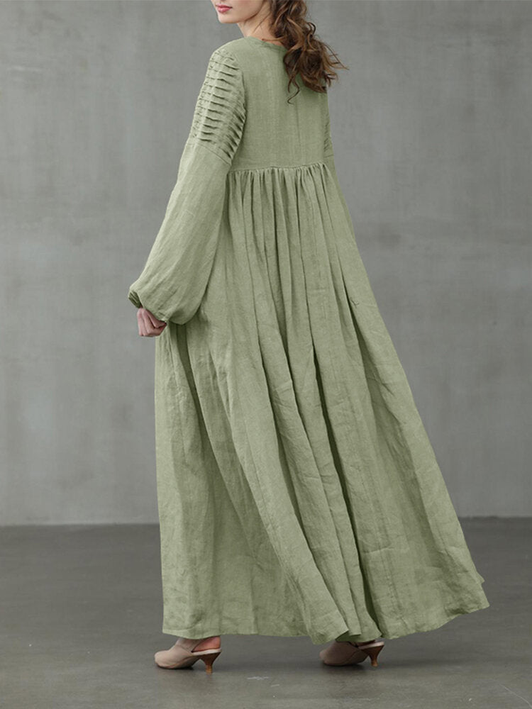 Women Cotton Puff Sleeve Pleated Round Neck Solid Color Swing Maxi Dress