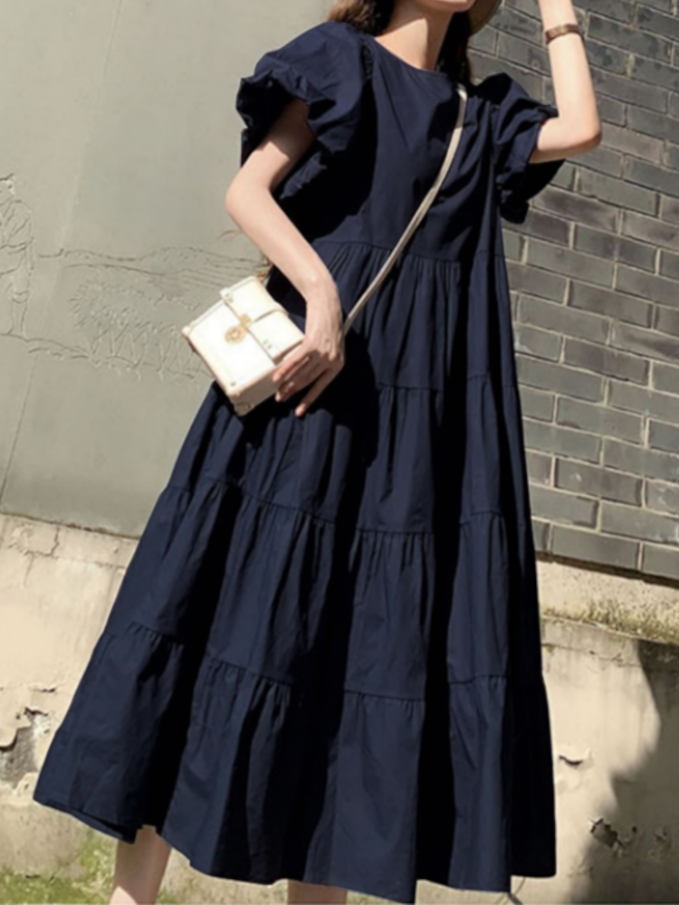 Women Puff Sleeve Round Neck Tiered Simple Solid Color Pleated Maxi Dresses