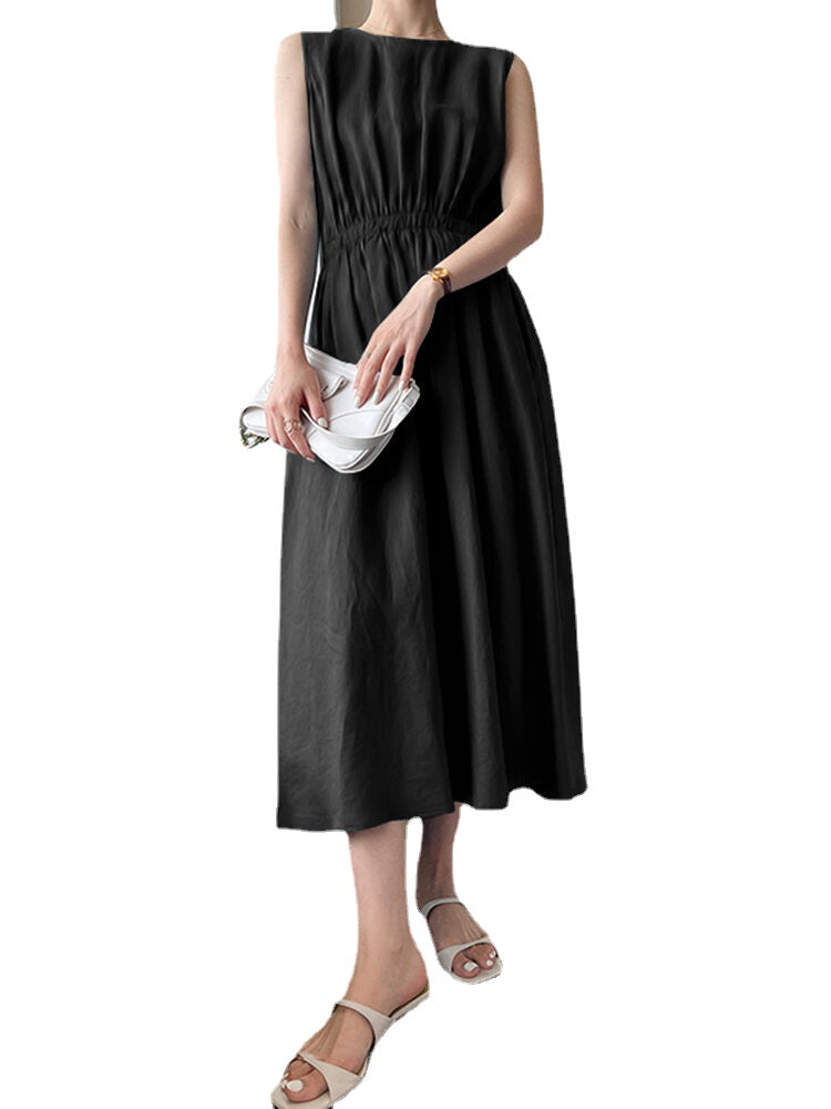 Solid Button Pocket Drawstring Show Waist Sleeveless Maxi Dress