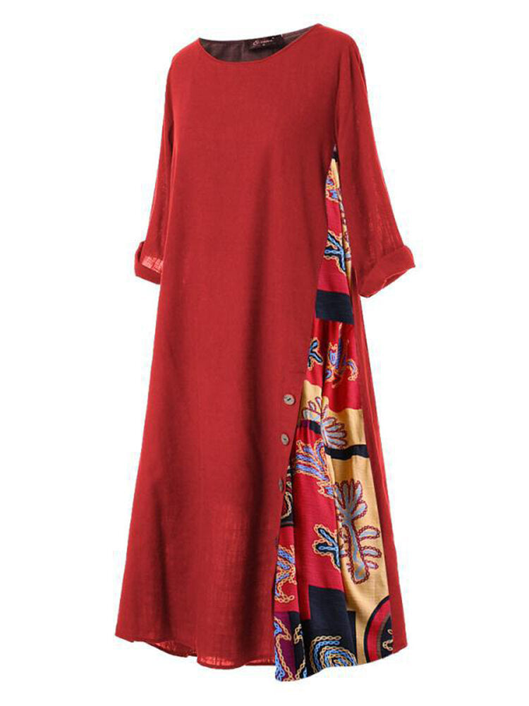 Ethnic Print Patchwork Buttons 3/4 Sleeve Vintage Maxi Dress