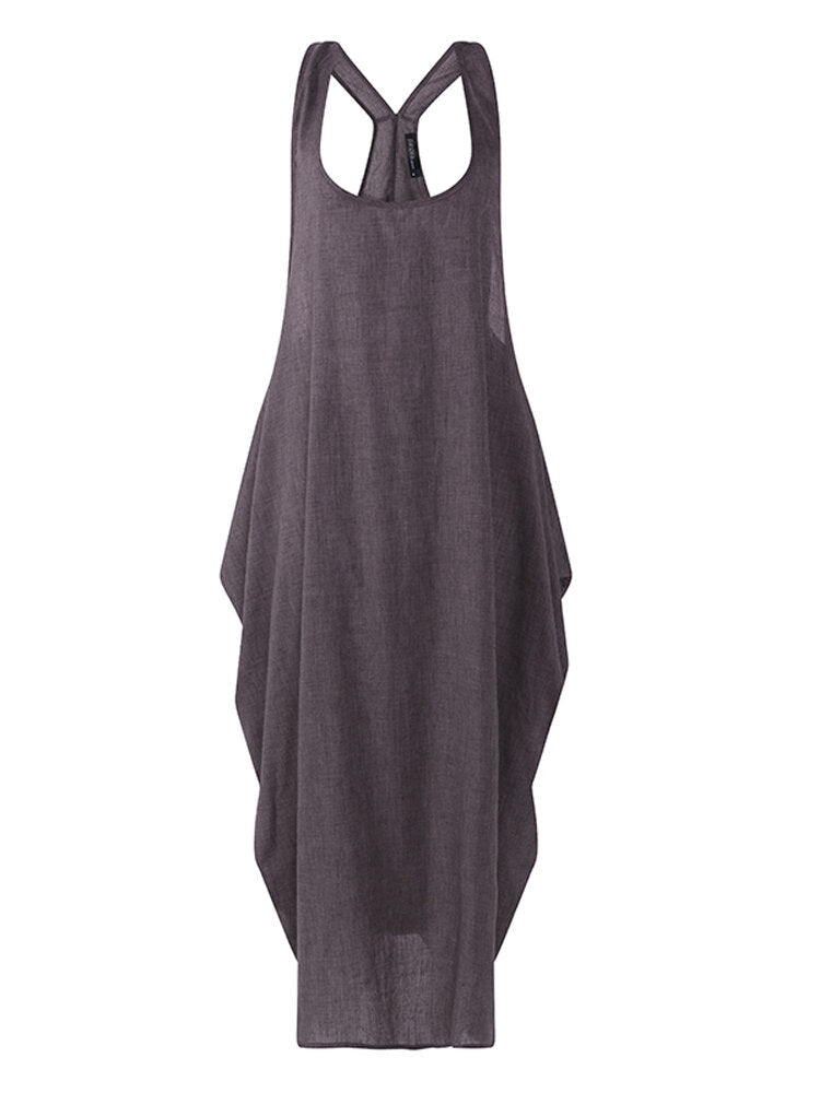 Women Strap Sleeveless Solid Color Casual Loose Maxi Dress