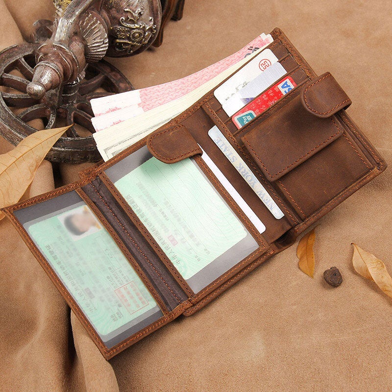 Men Cowhide Short RFID Anti-magnetic Hasp Wallet 11 Card Slot Case Driver's License