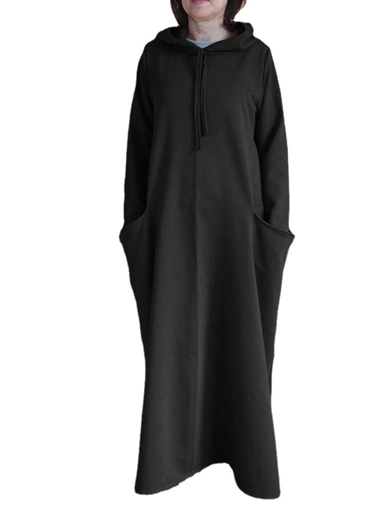 Women Solid Color Side Double Pocket Loose Hooded Maxi Dresses