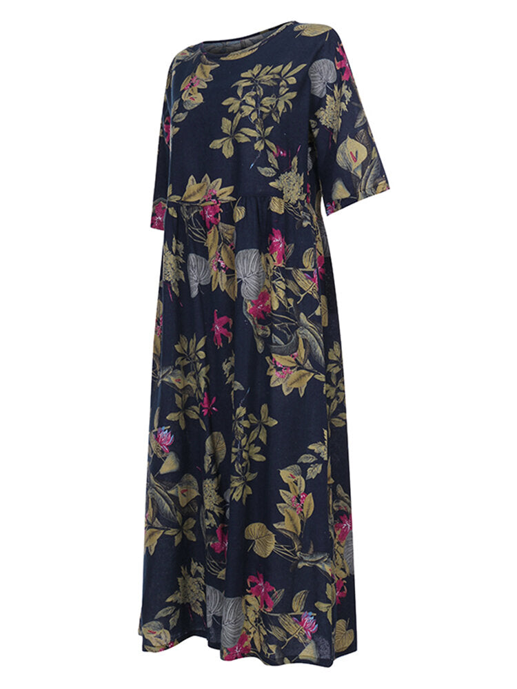 Women Retro Floral Printed Round Neck Three Quarter Sleeve Pleated Maxi Dresses