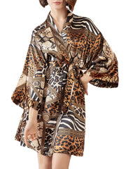 Women Vintage Style Leopard Patchwork Zebra Print Long Sleeve Home Faux Silk Sleepwear Robes
