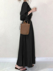 Solid Button Elastic Waist V Neck Casual Maxi Dress