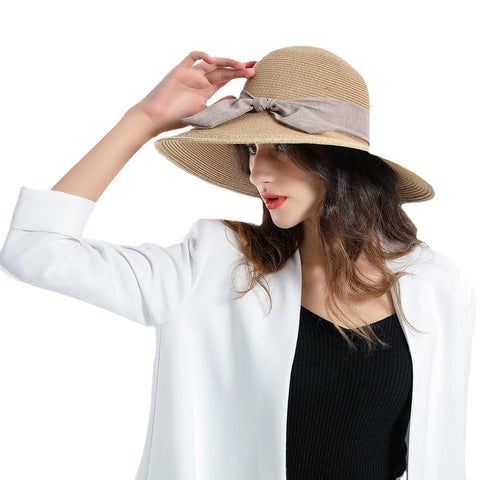 Woman Solid Color Cotton With Linen Bow Travel Holiday Sun Seaside Hat