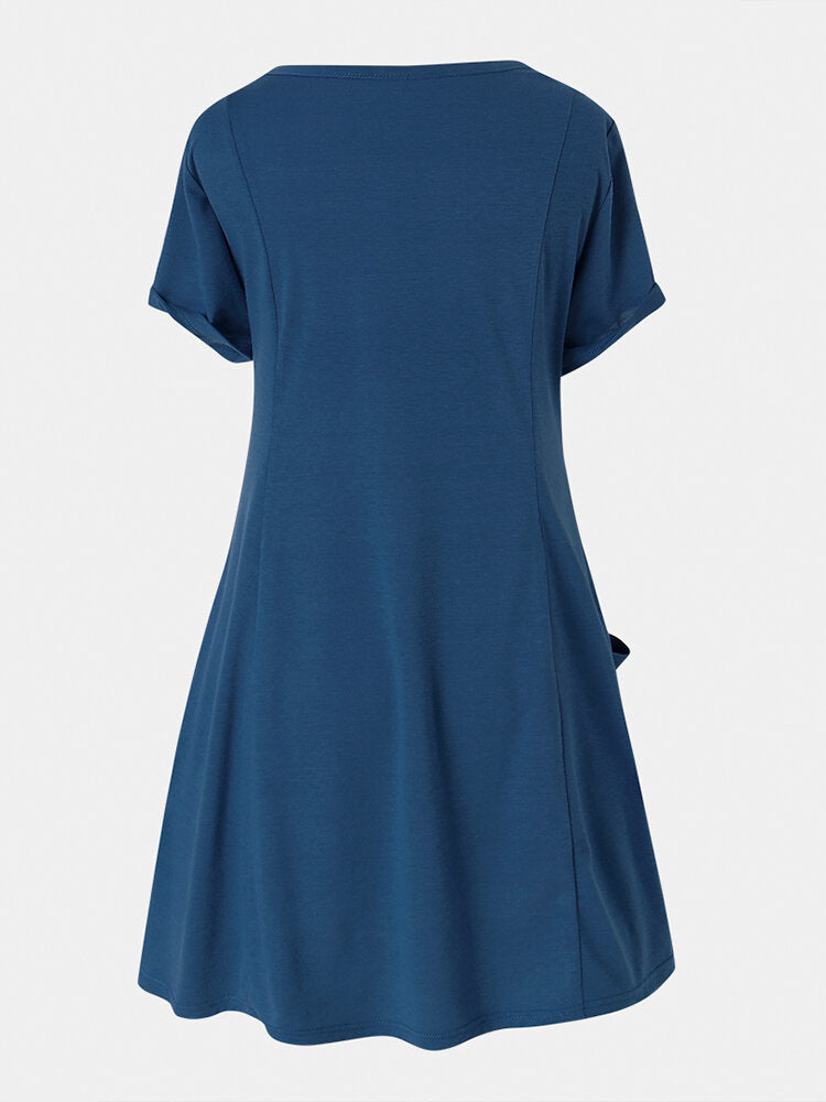 Solid Color Short Sleeve Pocket O-neck Casual Dress For Women