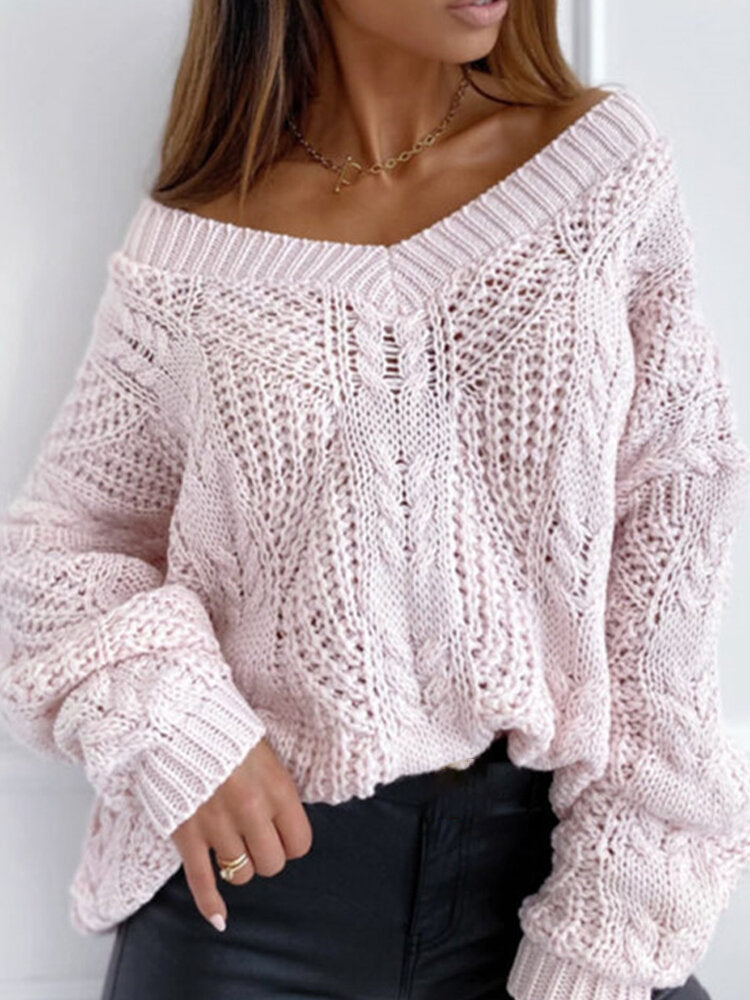 Women V-Neck Solid Color Knitting Hollow Out Casual Sweaters