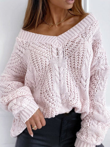 Women V-Neck Solid Color Knitting Hollow Out Casual Sweaters