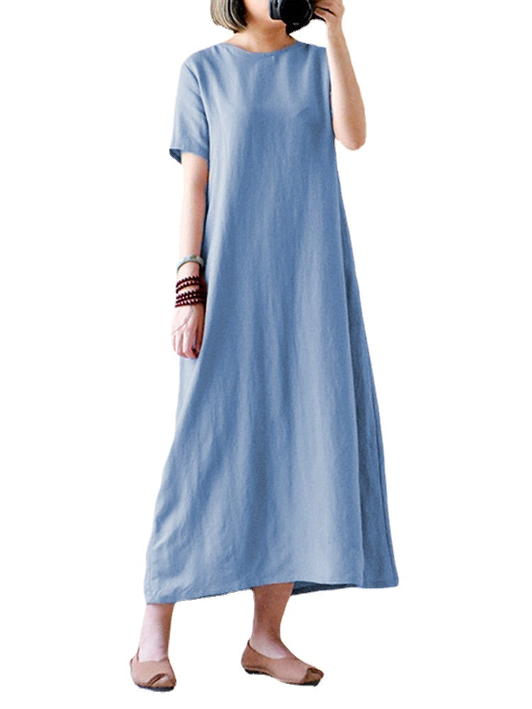 Celmia Women Vintage Short Sleeve Cotton Loose Maxi Dress