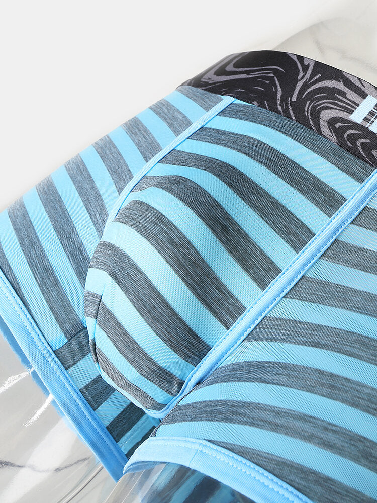 Mens Striped Ice Silk Translucent Breathable Thin Elastic Mid Waist Boxers