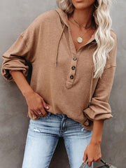 Women Solid Color Half Button Front Drop Shoulder Hoodie