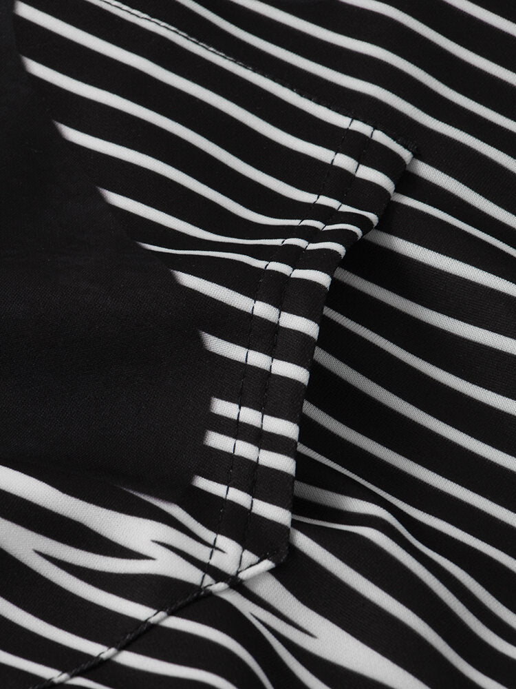 Women Striped Black Cat Print Drawstring Plus Size Casual Hoodie With Kangaroo Pocket