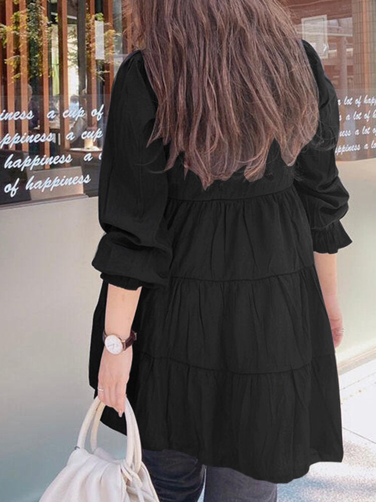 Women Solid Color Tiered Round Neck Puff Sleeve Casual Blouses