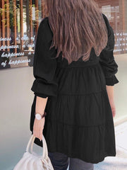 Women Solid Color Tiered Round Neck Puff Sleeve Casual Blouses