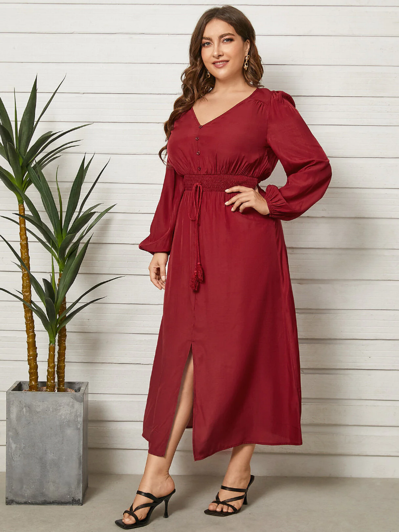 Plus Size V-neck Button Design Shirring Long Sleeves Dress