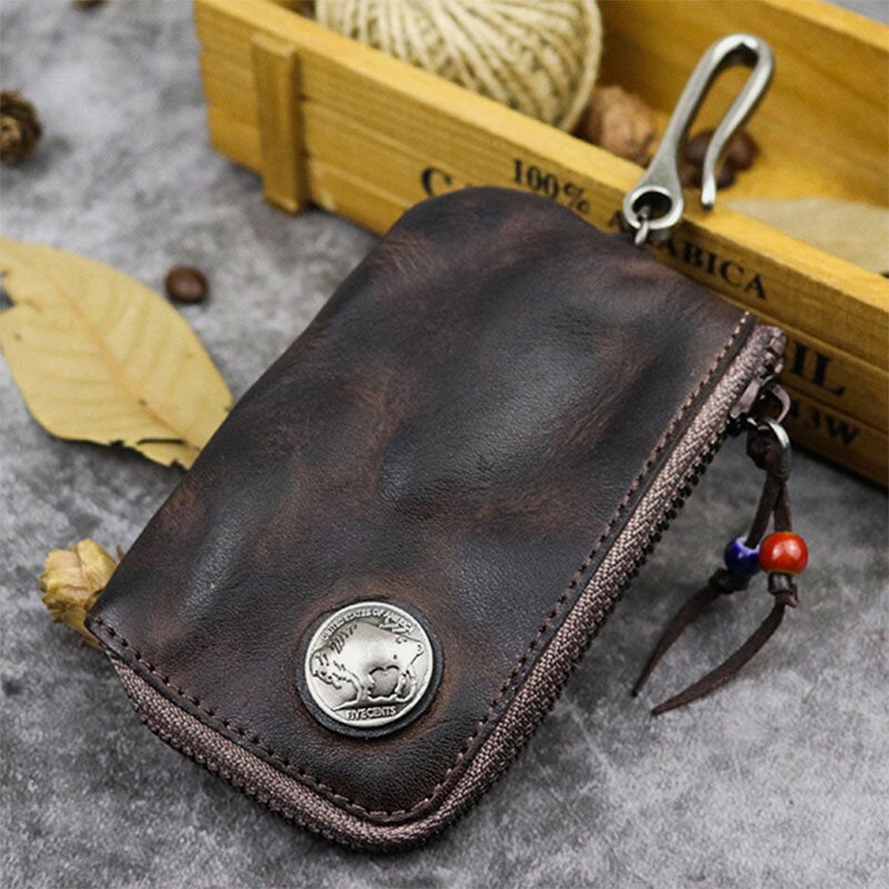Men Vegetable Tanned Leather Metal Label Keychain Wallet Washed Retro Zipper Card Holder With Hook