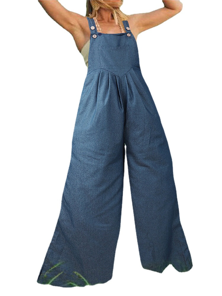 Women Solid Color Casual Loose Demin Wide Leg Jumpsuit with Pockets