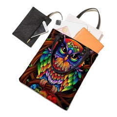 Color Owl Print Pattern Leather Tote Sticker Shoulder Handbag Tote With Built-in Small Bag