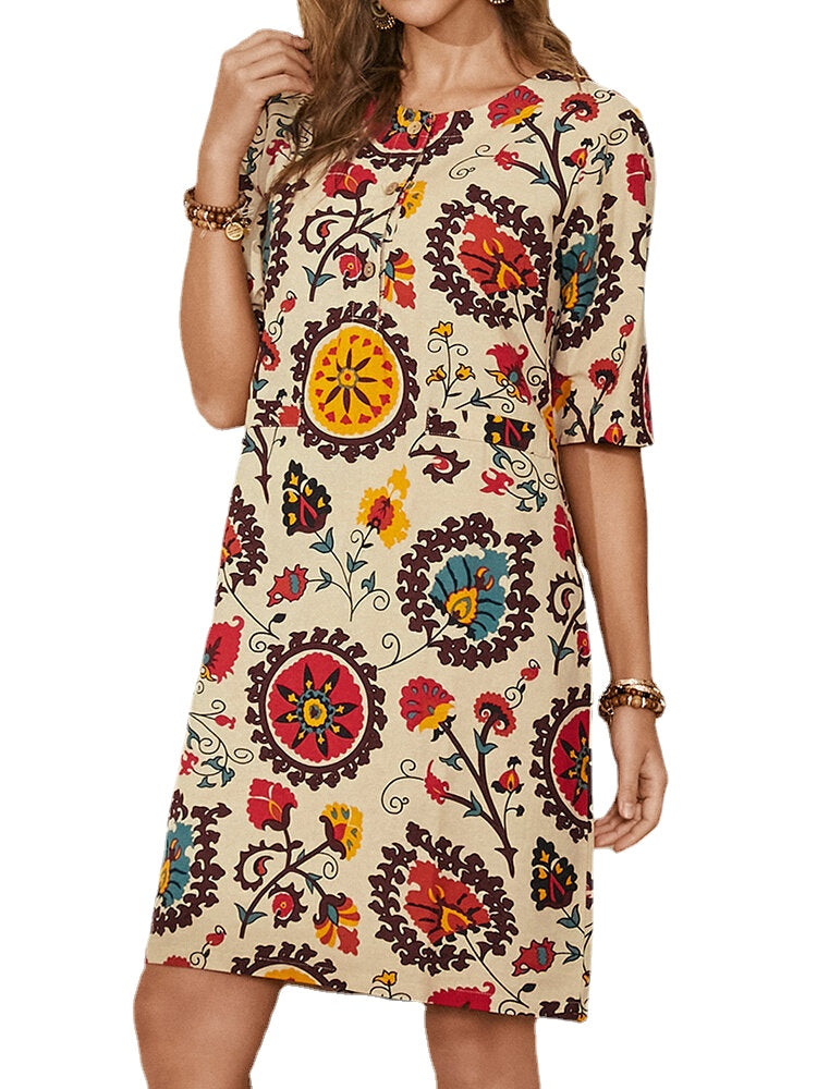 Ethnic Style Print Round Neck Bohemia Casual Midi Dress For Women