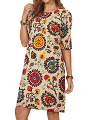 Ethnic Style Print Round Neck Bohemia Casual Midi Dress For Women