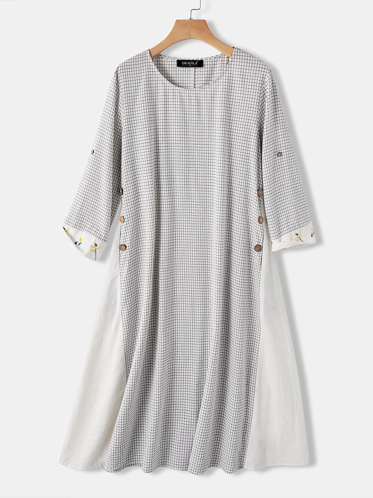 Plaid Patchwork Embroidery O-neck Long Sleeve Button Casual Midi Dress