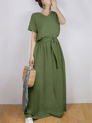 Solid Sash Elastic Waist Short Sleeve Casual Maxi Dress