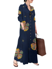 Women Flower Print Button Up Casual Long Sleeve Maxi Shirt Dresses With Pocket