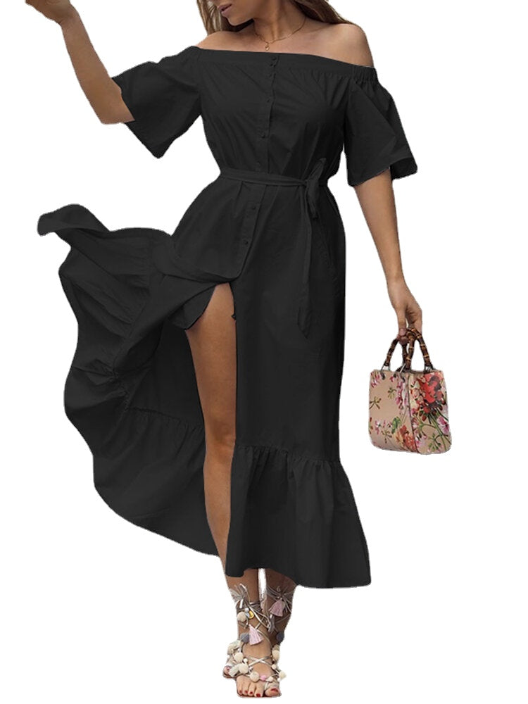 Solid Color Off Shoulder Pleated Ruffles Zipper Casual Holiday Maxi Dress