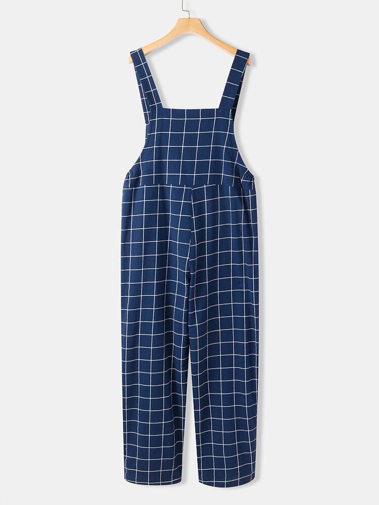Women Grid Adjustable Strappy Sleeveless Casual Jumpsuits With Flap Pocket