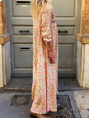 Women Holiday V-neck Print Long Sleeve Loose Maxi Dress